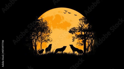 Silhouettes of wolves howling at the full moon in a dark forest.