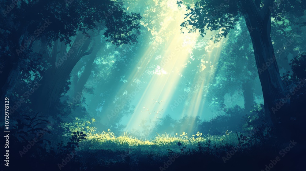 Fototapeta premium Sun rays shining through the canopy of a lush green forest.