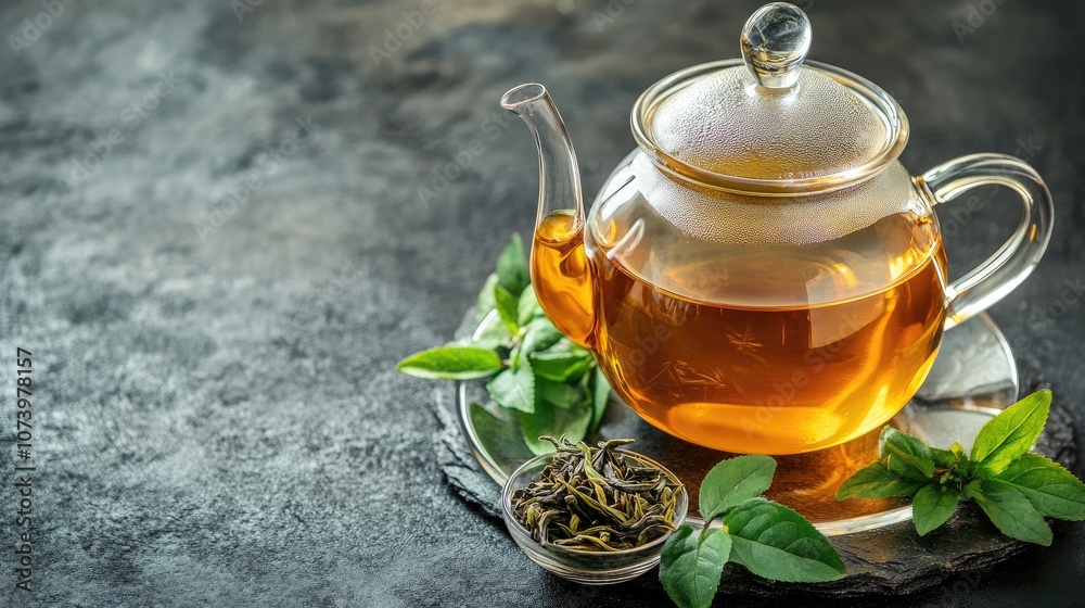 Cozy Tea Setup with Warm Tea and Fresh Leaves Cozy Tea Setup with Warm Tea and Fresh Leaves