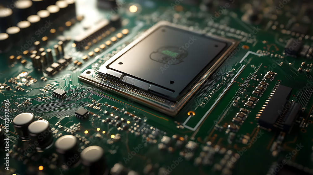 Closeup of highperformance gpu chip on green motherboard intricate circuitry for gaming and computing Closeup of highperformance gpu chip on green motherboard intricate circuitry for gaming and computing
