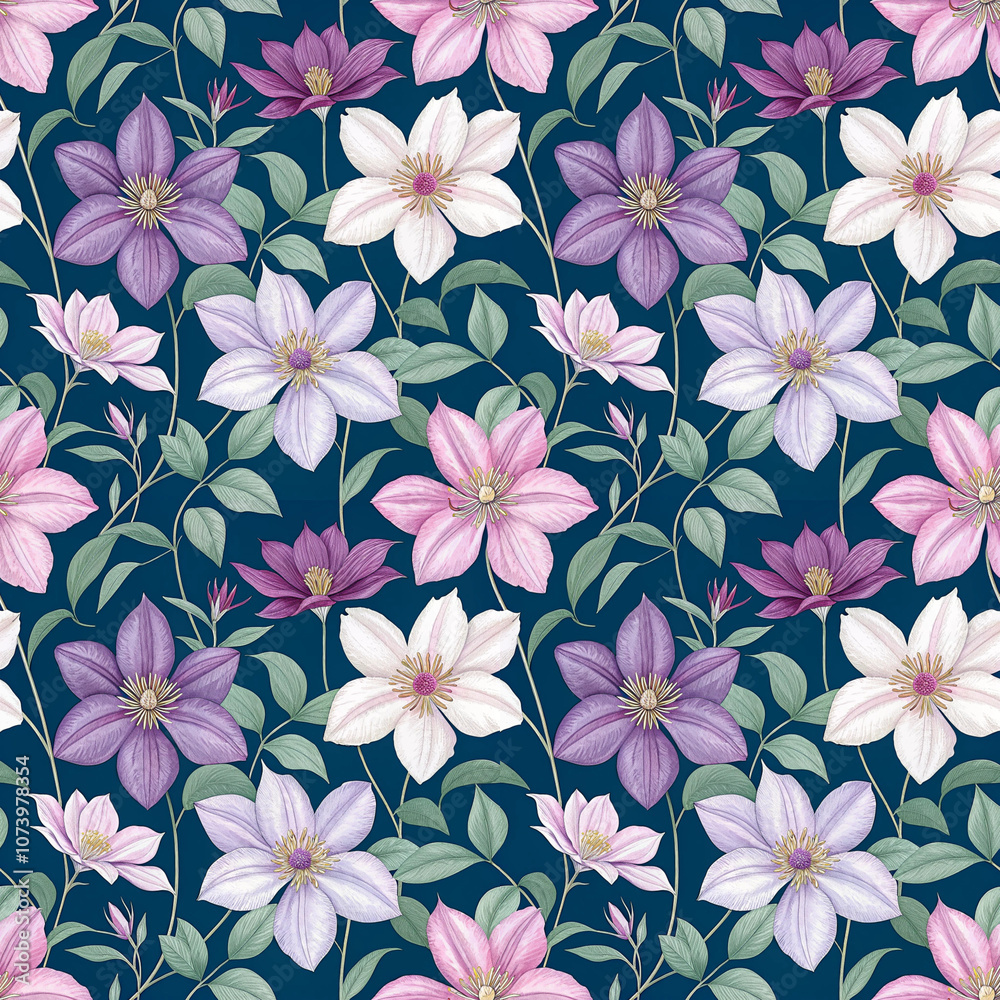 Fototapeta premium Pastel clematis flower pattern with green leaves