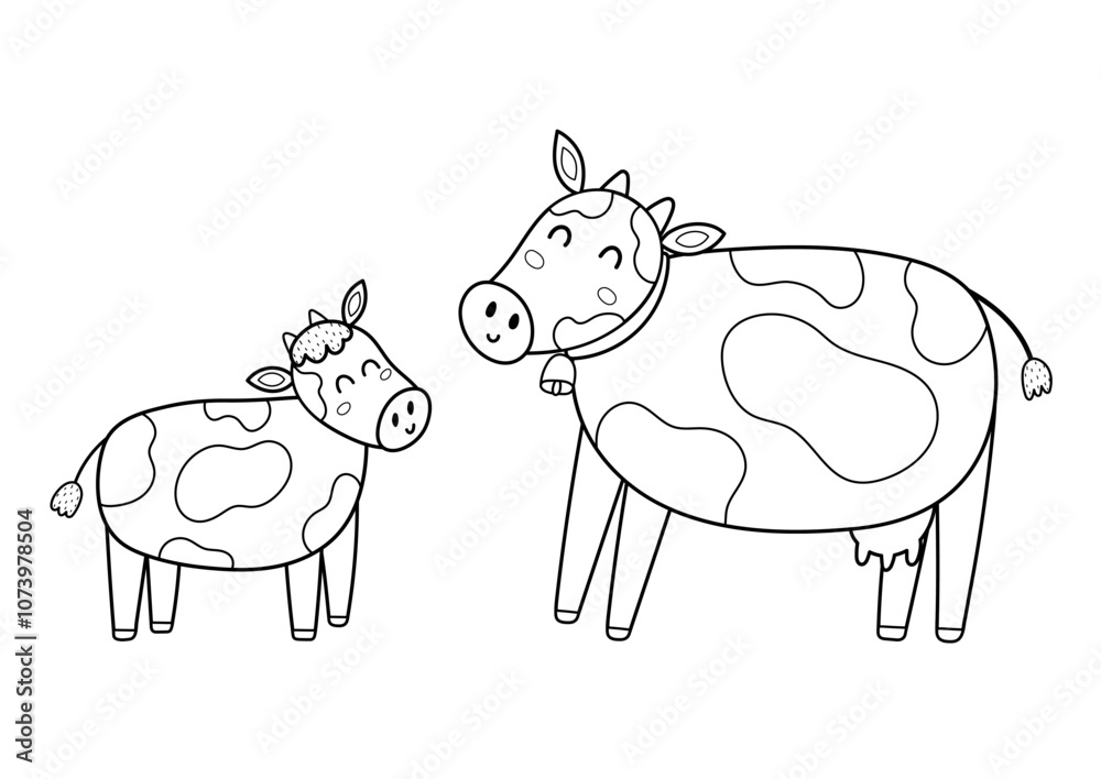 Obraz premium Mother cow with her baby calf in black and white. Cute farm animal characters in outline - mom and her child. Mother Day coloring page for kids. Vector illustration