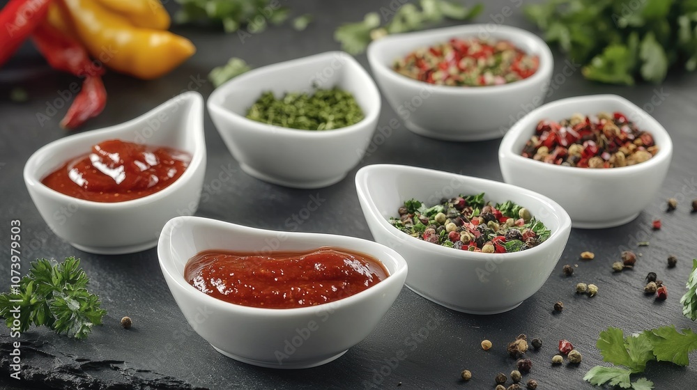 Assorted Condiments in Elegant Ceramic Dishes Assorted Condiments in Elegant Ceramic Dishes