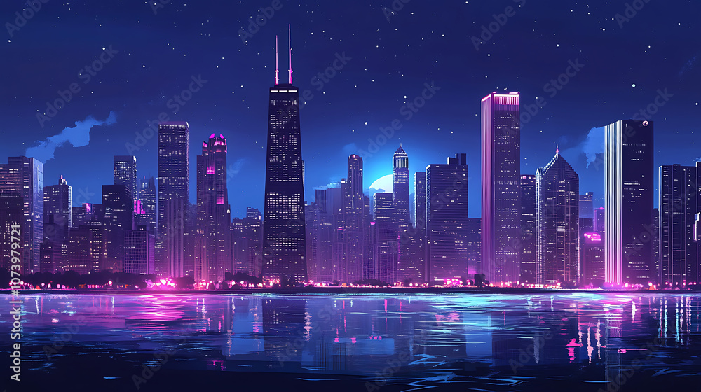 Famous chicago skyline at night panoramic view of illuminated skyscrapers cityscape concept digital illustration Famous chicago skyline at night panoramic view of illuminated skyscrapers cityscape concept digital illustration