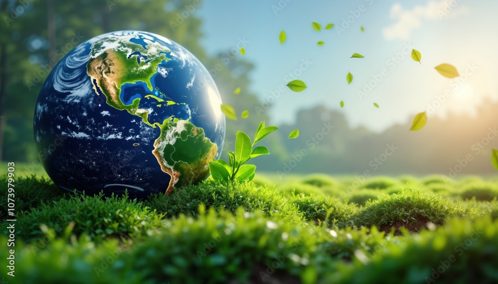 Earth globe on green grass, leaves fall, nature concept. Eco friendly planet, sustainability, global warming. Earth day, nature conservation, protection, eco-friendly living, environmentalism, Earth globe on green grass, leaves fall, nature concept. Eco friendly planet, sustainability, global warming. Earth day, nature conservation, protection, eco-friendly living, environmentalism,