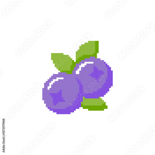 Pixelated blueberry icon with green leaves. Retro pixel art of two blueberries with a simple design.