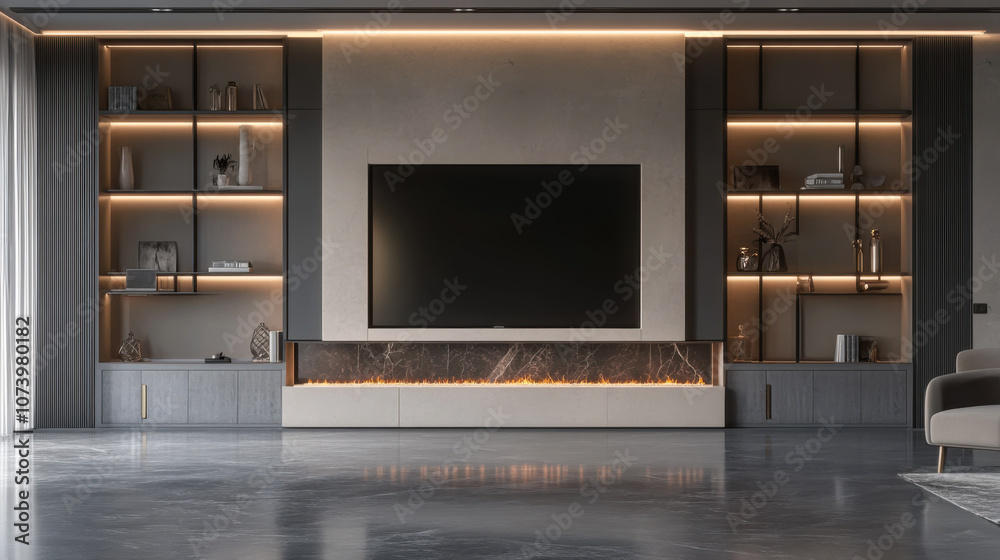 Modern living room interior design featuring sleek furnishings, marble accents, and warm lighting in a spacious contemporary home Modern living room interior design featuring sleek furnishings, marble accents, and warm lighting in a spacious contemporary home