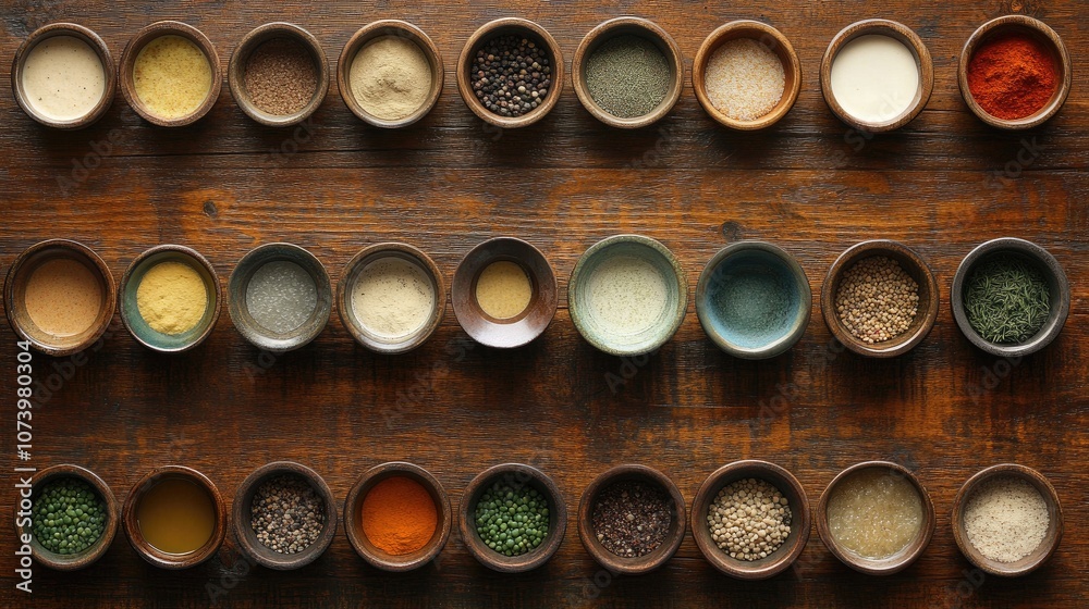 Assorted Condiments in Small Bowls from Above View Assorted Condiments in Small Bowls from Above View