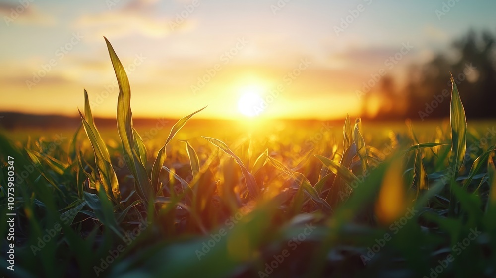 Fototapeta premium organic misty corn field or maize field at agriculture farm in the morning sunrise