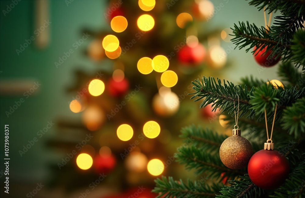 Obraz premium Close-up of Christmas tree branch with red and gold ornaments. Blurred background of Christmas lights and tree. Holiday decor, festive season, winter celebration, abstract background, bokeh effect.