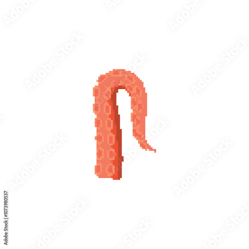 Pixelated octopus tentacle illustration. Simple pixel art of a curled orange octopus tentacle with suction cups.