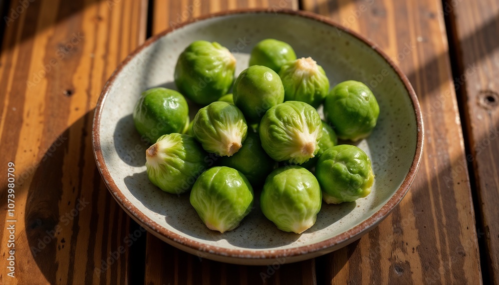 Several Brussels sprouts in a ceramic plate on a wooden table, warm natural lighting, green tones, top view, minimalistic style Several Brussels sprouts in a ceramic plate on a wooden table, warm natural lighting, green tones, top view, minimalistic style