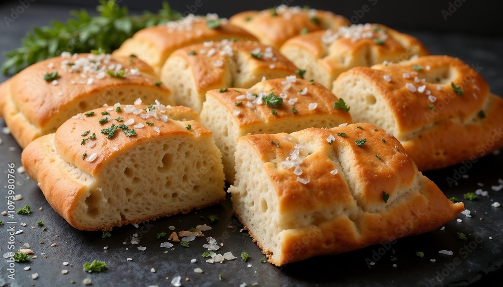 Fresh focaccia with golden crust, cut into square pieces on a dark stone surface, sprinkled with sea salt and herbs, natural side lighting, detailed texture of fluffy interior Fresh focaccia with golden crust, cut into square pieces on a dark stone surface, sprinkled with sea salt and herbs, natural side lighting, detailed texture of fluffy interior