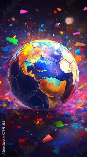 A colorful soccer ball is surrounded by confetti, creating a festive