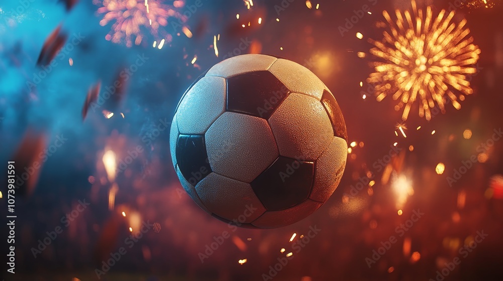 Fototapeta premium A soccer ball is in the air with fireworks in the background