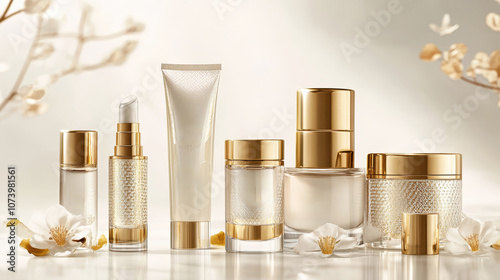 Luxury cosmetic products with a white background. Golden bottles, beauty items. Cosmetics presentation concept.