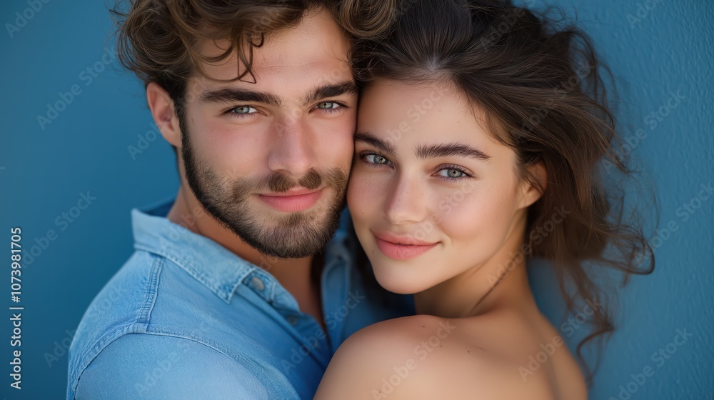 Happy couple embracing against a blue background, enjoying each other's company with bright smiles Happy couple embracing against a blue background, enjoying each other's company with bright smiles