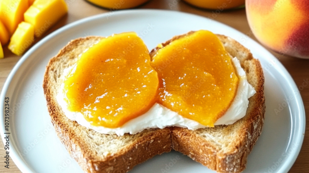 Delicious heart-shaped toast topped with creamy cheese and peach spread for a delightful breakfast treat Delicious heart-shaped toast topped with creamy cheese and peach spread for a delightful breakfast treat