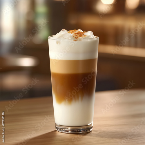 Iced Latte in Tall Glass with Foam and Cinnamon Garnish