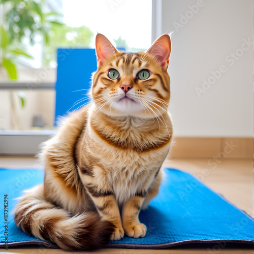 A beautiful cat sitting comfortably on a blue mat