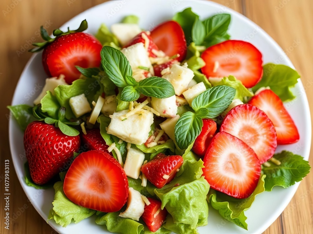 Enjoy a fresh Strawberry and Apple Salad with Mint on a Green Leaf Base, perfect for any occasion Enjoy a fresh Strawberry and Apple Salad with Mint on a Green Leaf Base, perfect for any occasion