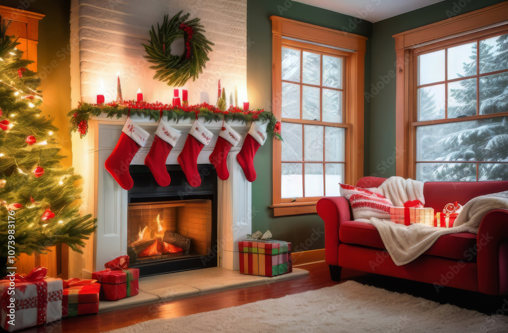 Christmas Stockings Hanging Over a Cozy Fireplace Christmas Stockings Hanging Over a Cozy Fireplace