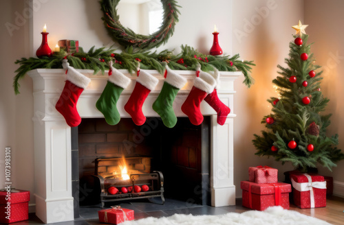 Christmas Stockings Hanging Over a Cozy Fireplace