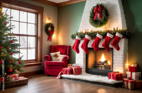 Christmas Stockings Hanging Over a Cozy Fireplace