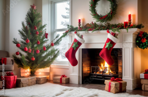 Christmas Stockings Hanging Over a Cozy Fireplace