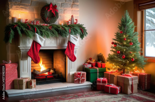 Christmas Stockings Hanging Over a Cozy Fireplace