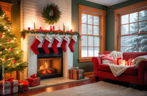 Christmas Stockings Hanging Over a Cozy Fireplace