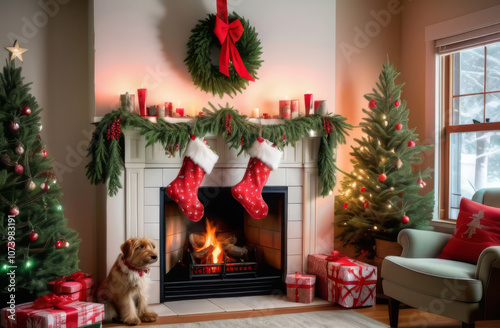 Christmas Stockings Hanging Over a Cozy Fireplace