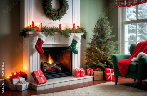Christmas Stockings Hanging Over a Cozy Fireplace