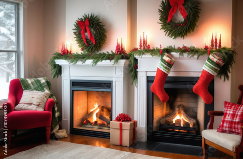 Christmas Stockings Hanging Over a Cozy Fireplace photo