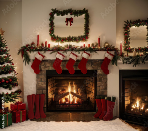 Christmas Stockings Hanging Over a Cozy Fireplace