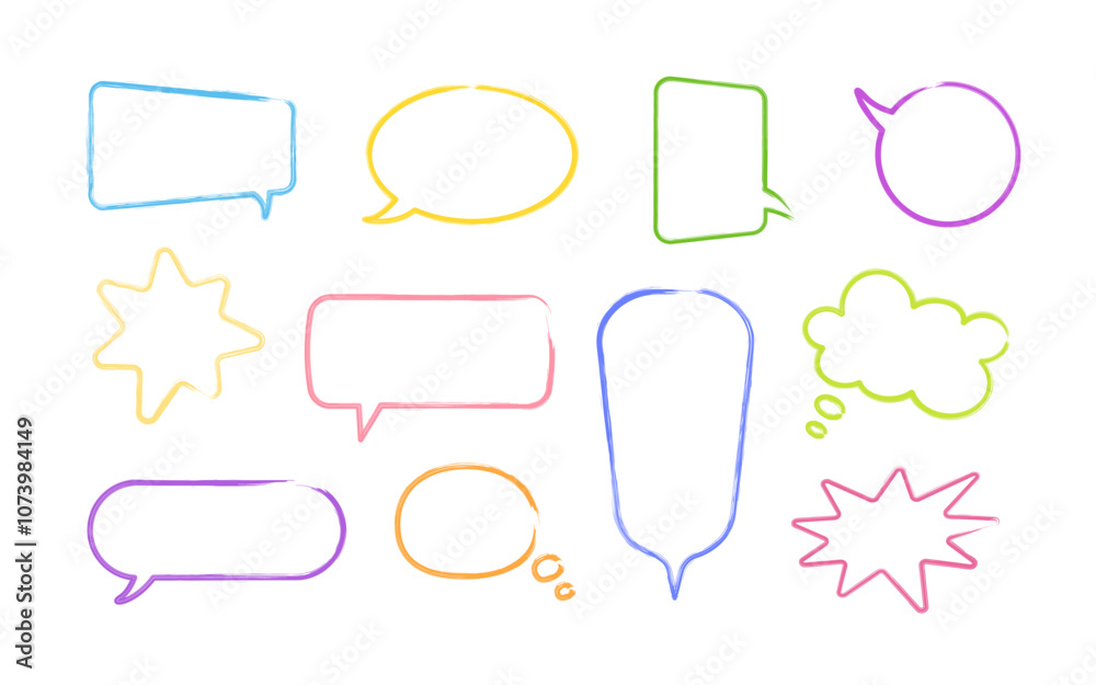 Multicolored hand drawn speech bubbles set. Text boxes of different shapes with grunge texture. Multicolored hand drawn speech bubbles set. Text boxes of different shapes with grunge texture.