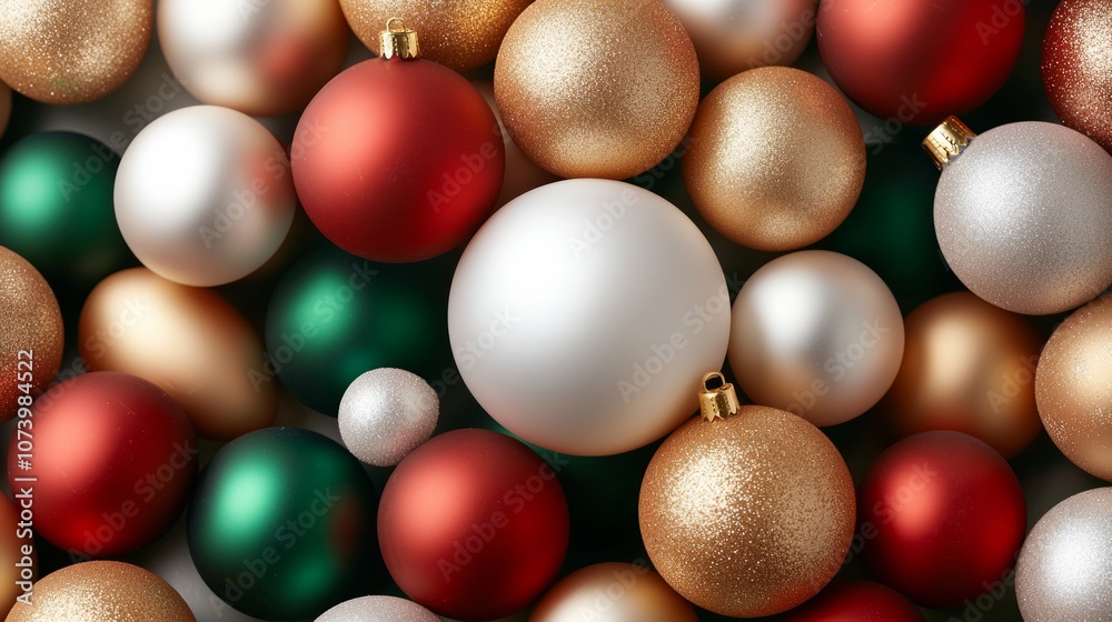 Detailed close-up of red, gold, and green Christmas baubles Detailed close-up of red, gold, and green Christmas baubles