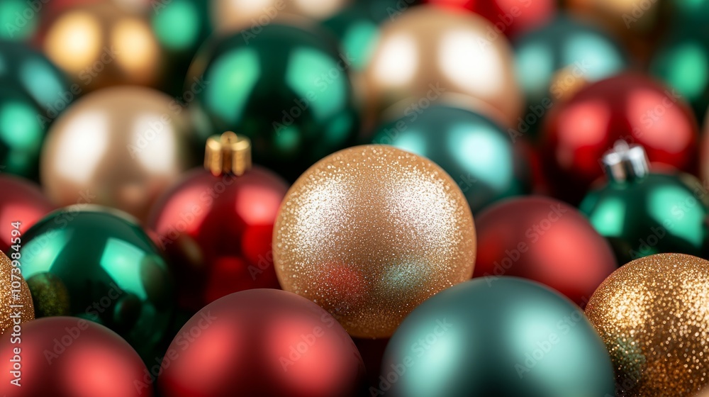 Detailed close-up of red, gold, and green Christmas baubles Detailed close-up of red, gold, and green Christmas baubles