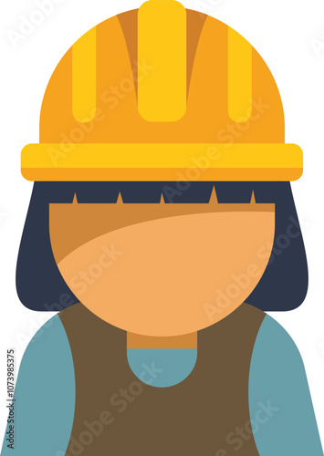 Cartoon avatar icon of a female construction worker wearing a yellow hard hat and brown overalls