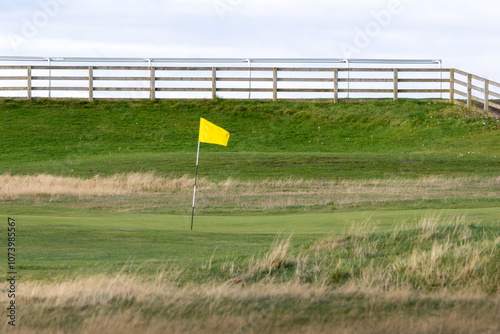 A yellow flag is on a green golf field