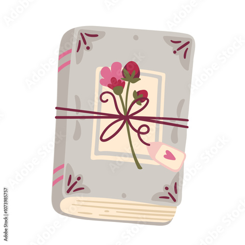 Closed cartoon book tied by rope with bow, pink flower and red buds. Funny old gray book and paper label with heart hanging on thread. Gift, love mascot, cartoon poetry present vector illustration