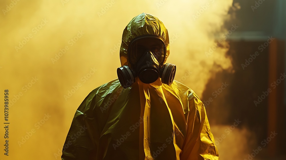 Man Standing Alert In Yellow Hazmat Suit Ready For Action Image Man Standing Alert In Yellow Hazmat Suit Ready For Action Image
