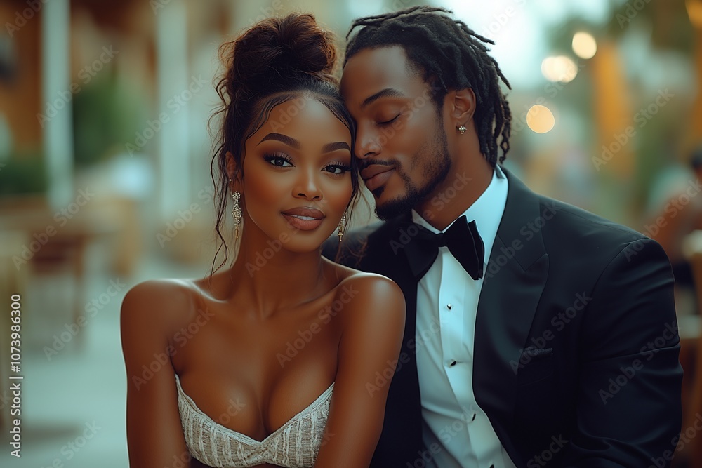 African American Couple Wearing Formal Attire Embracing While Sitting on a Bench, Wedding Day Photoshoot