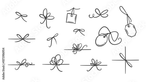 Gift ribbon bow line icons set. Outline hand drawn doodle decorative knots, label on rope for present box. Birthday, Xmas holidays mascots, simple bow of string icon collection vector illustration
