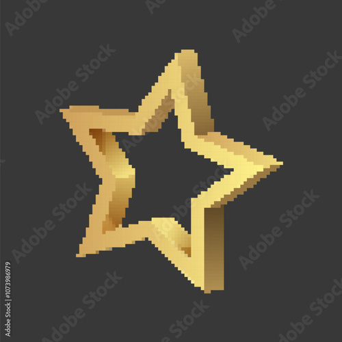 Pixelated golden star icon with a 3D design. Retro pixel art of a hollow star on a dark background.