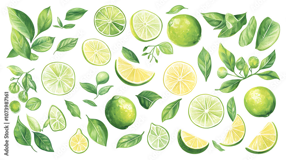 Lime fruits, slices, and green leaves isolated on a white background, top view Lime fruits, slices, and green leaves isolated on a white background, top view