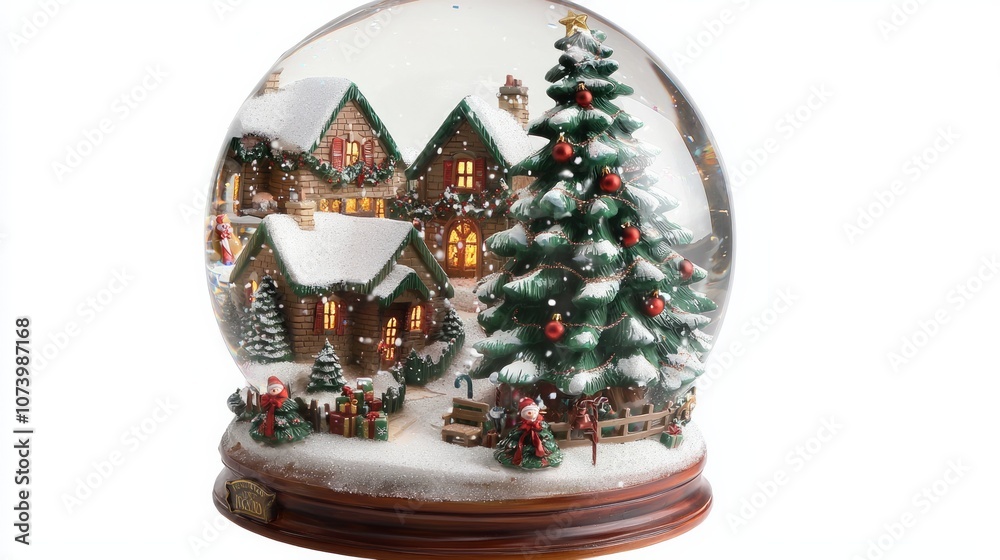 Snow globe with a winter wonderland scene inside, Christmas tree and snow-covered Snow globe with a winter wonderland scene inside, Christmas tree and snow-covered