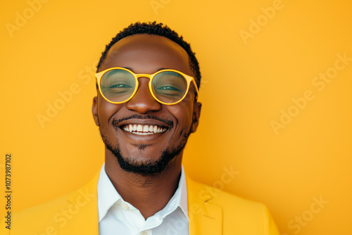 portrait of a cheerful smiling businessman with modern yellow glasess photo