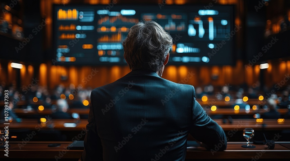 A businessman sits facing a large screen displaying data, with an audience in the background. A businessman sits facing a large screen displaying data, with an audience in the background.