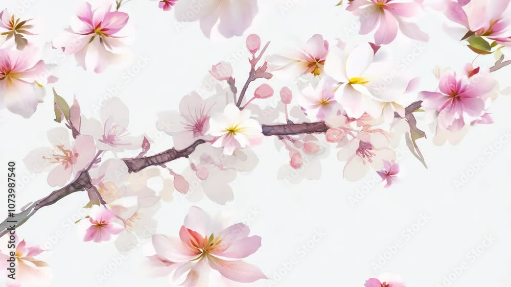 Artistic watercolor of a small branch with spring buds and soft pink blossoms isolated on white background for postcards banners high resolution sharp focus and quality